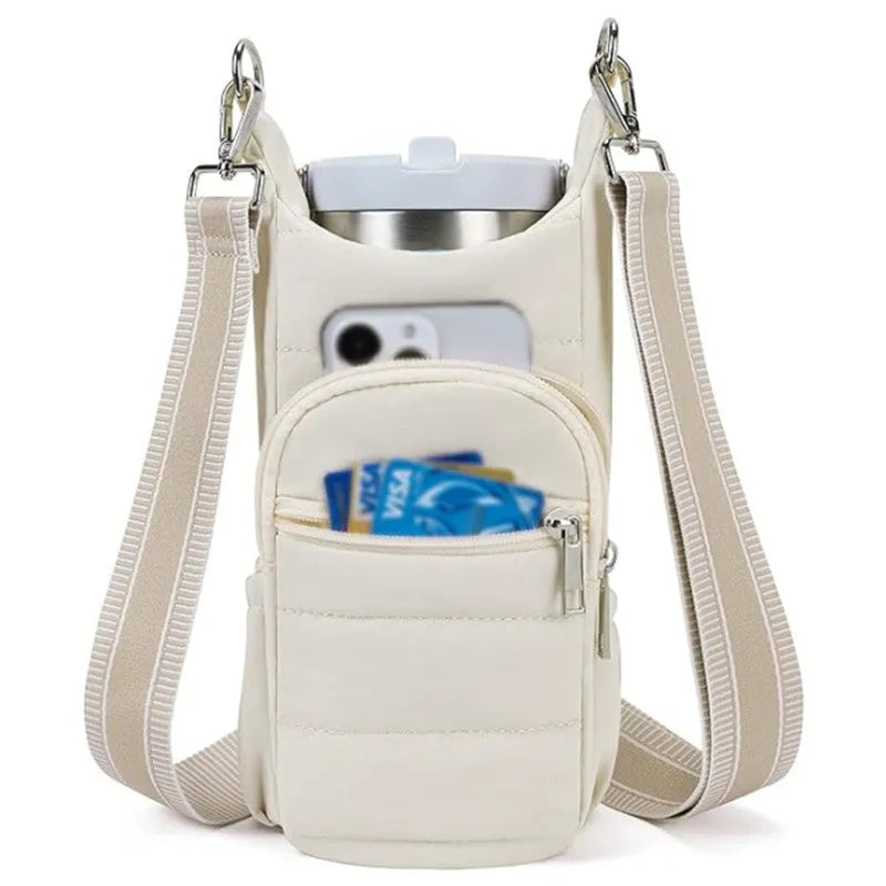 Cloth bicycle water bottle bag in modern simplicity style shown in black, pink, and beige colour options