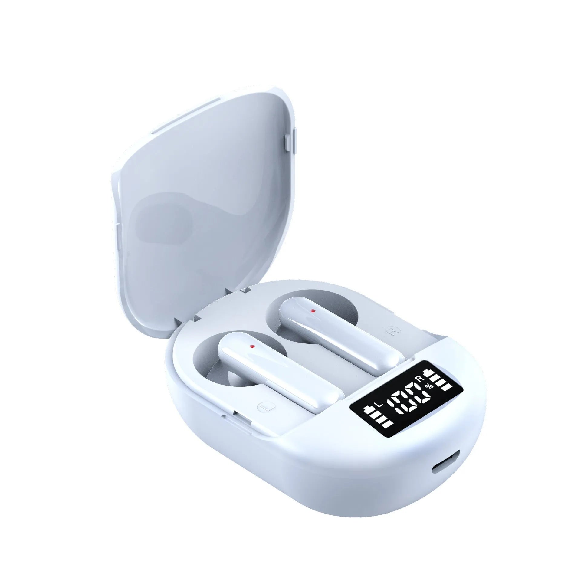 Black and white wireless Bluetooth in-ear headset with charging case showing digital display screen