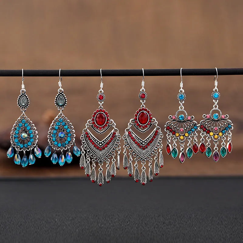 Purple long fringe drop earrings with crystal detailing and retro ethnic style