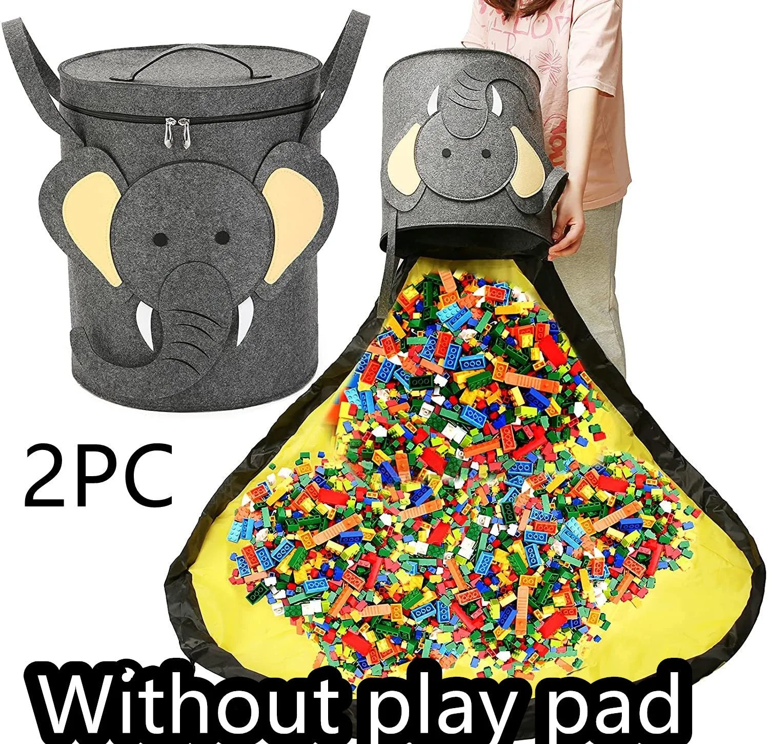 Green felt cube storage bag with pull rope laid flat as play mat for toy organisation