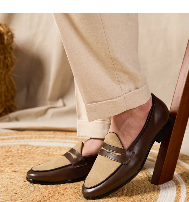 Coffee grey suede leather men's slip-on loafers with a rubber sole.