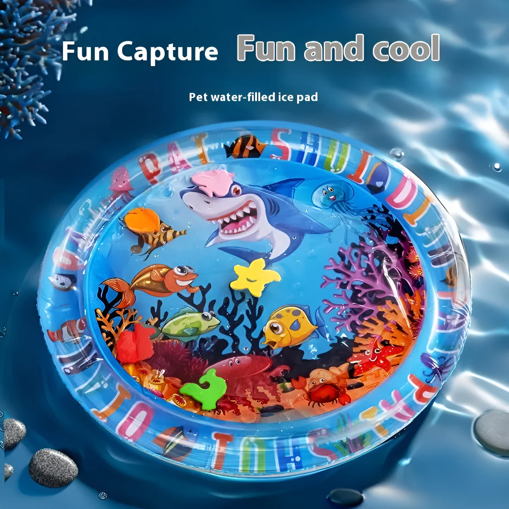 PVC inflatable water bed cooling mattress for cats showing dolphin or shark design options