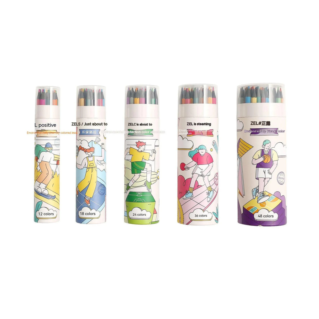 Zhenglin Sports Series coloured pencil sets in paper barrel case showing 24 and 36 colour options.