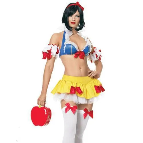 Snow White anime cosplay costume dress with headdress, top, short skirt, and hand sleeves