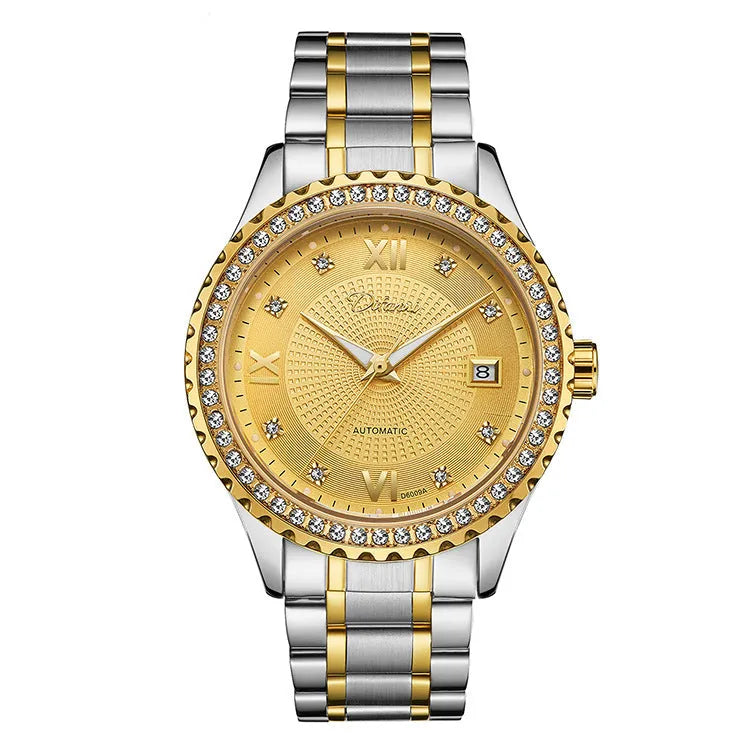 Automatic mechanical watch with luminous markers on black dial in gold case, side view showing 13mm thickness
