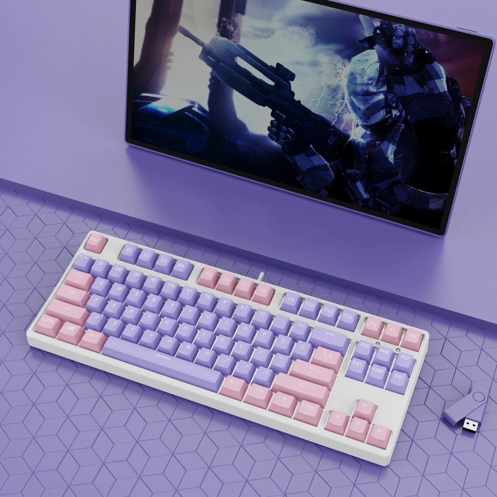 87-key wired mechanical gaming keyboard with multi-colour keycaps on a metal body.