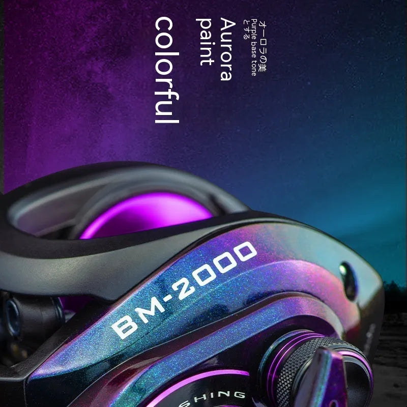 BM2000 fishing reel with water drop shape and magnetic brake system, shown in left-hand and right-hand retrieve options.