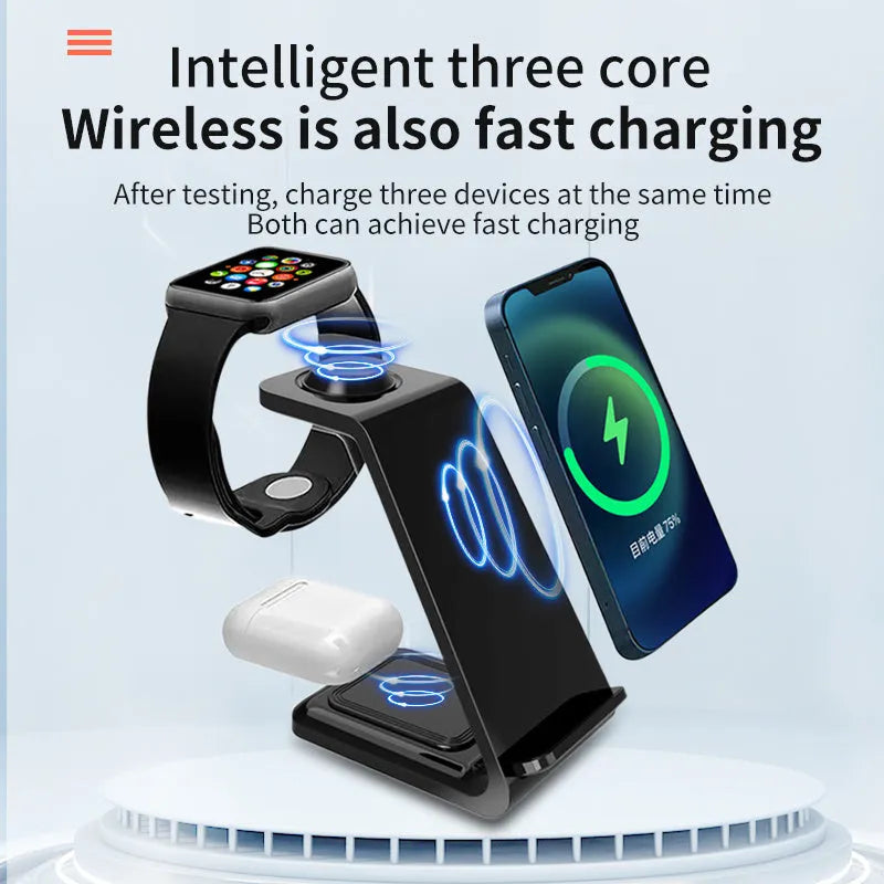 White 3-in-1 upright wireless phone charger stand with Type-C cable on desk