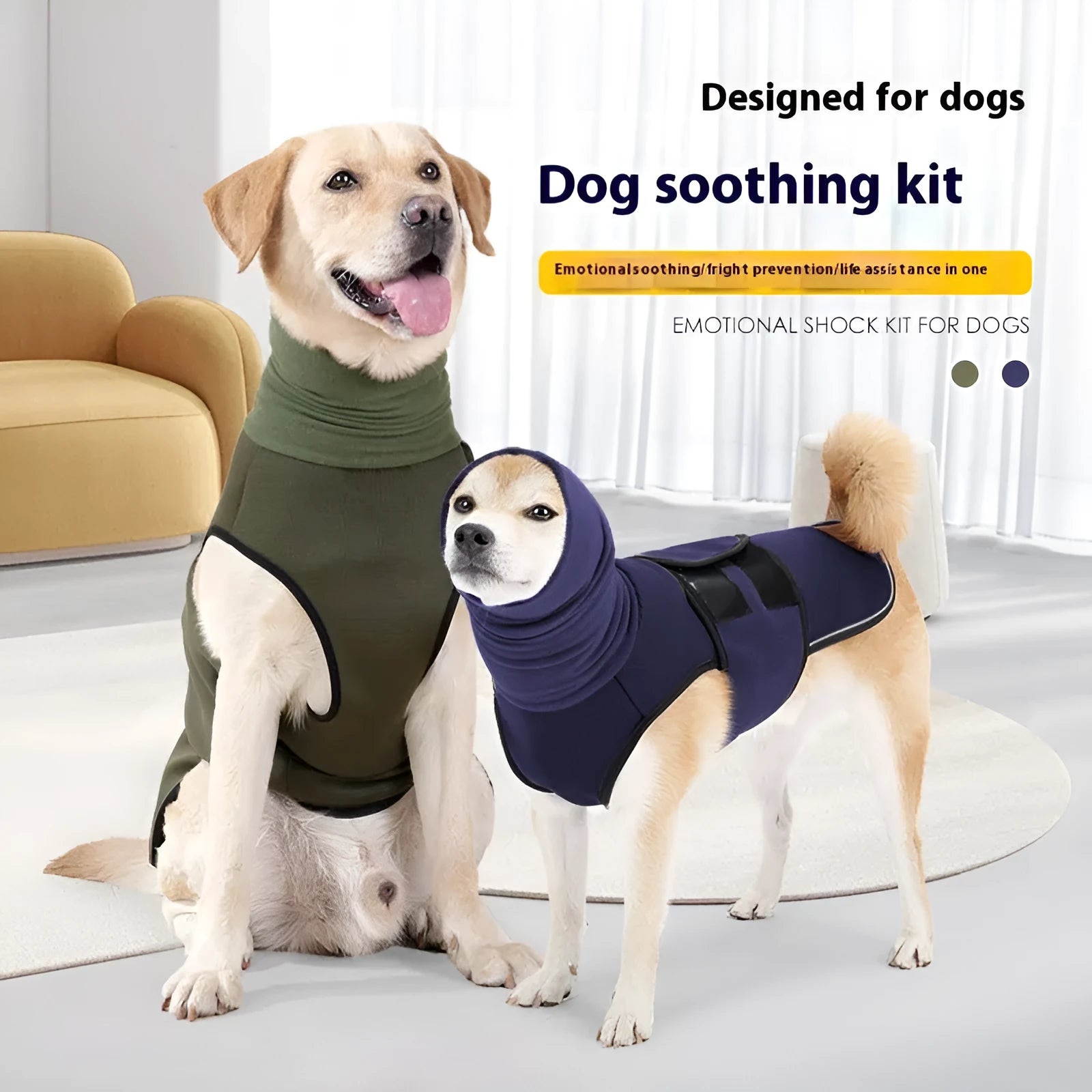 Army green dog anti-anxiety jacket wrapped around medium-sized dog