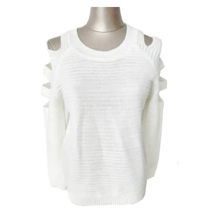 Women's white crocheted hollow-out knit shirt with round neck and long sleeves