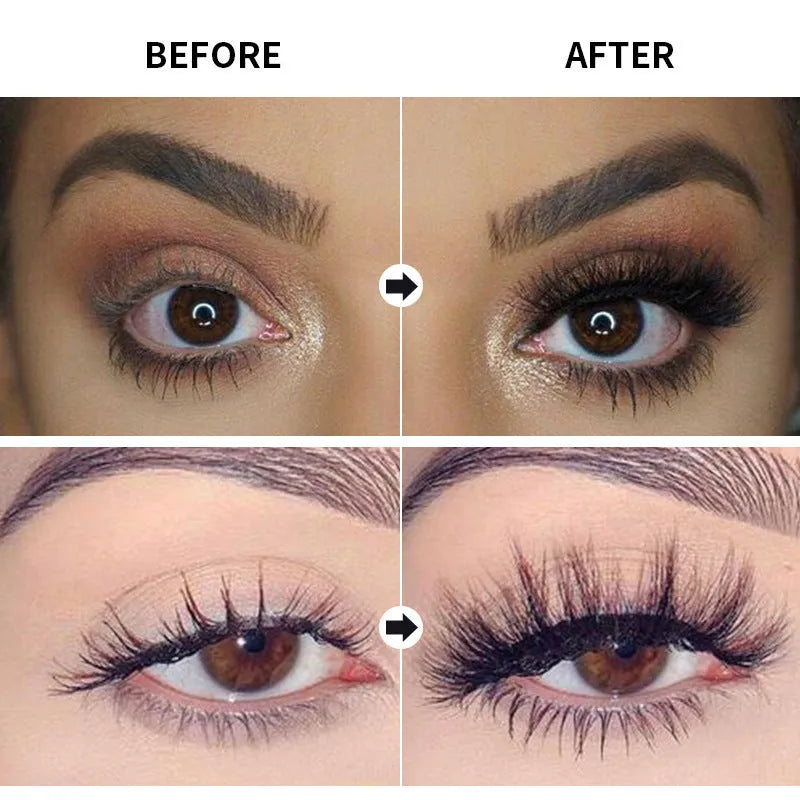 Black waterproof mascara tube showing thick long curling lash effect