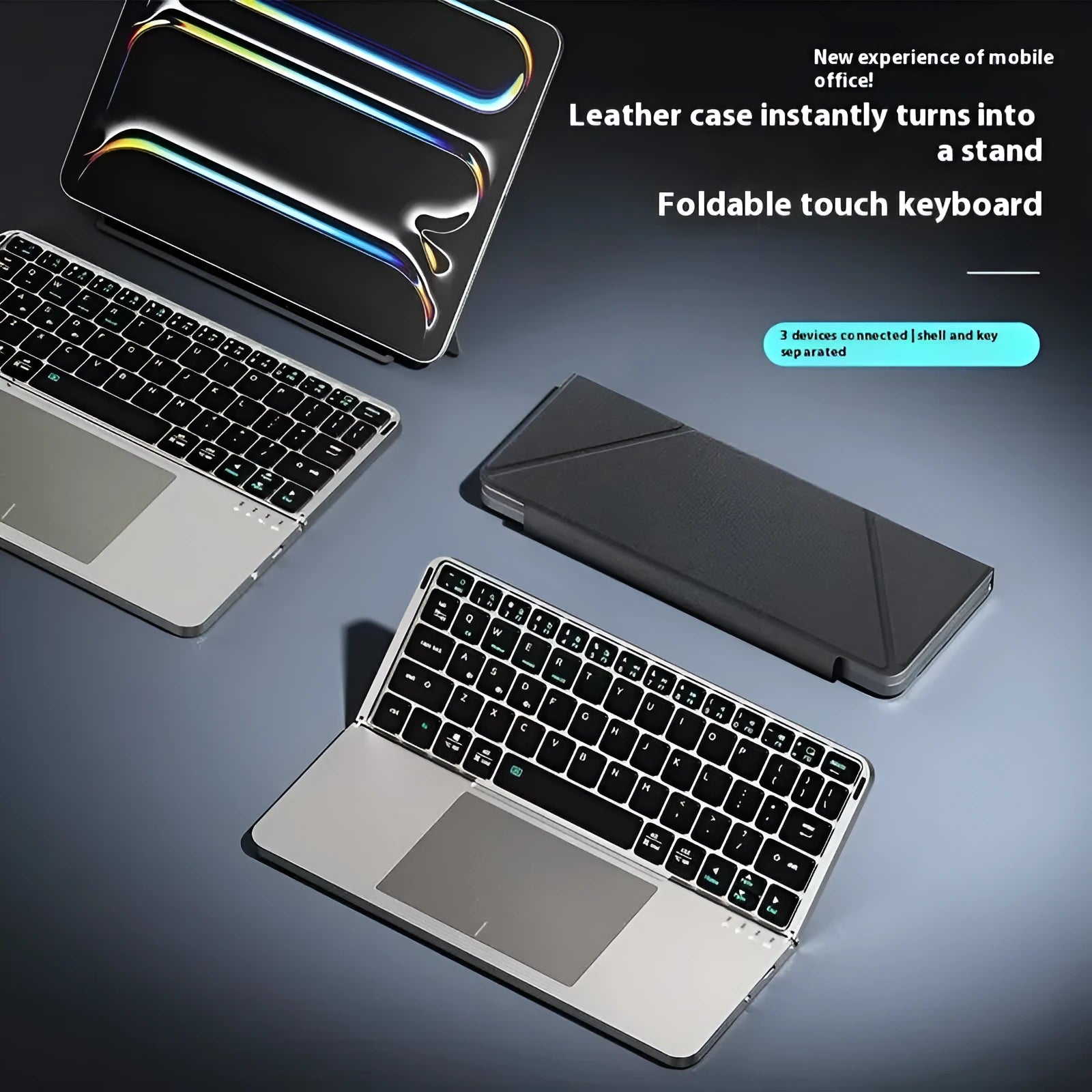 Grey wireless Bluetooth folding keyboard compatible with mobile phones and tablets