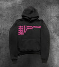 Black hooded sweater with white letter print design, showing pullover style with regular sleeves