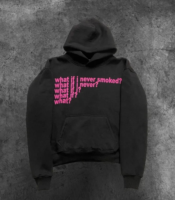 Black hooded sweater with white letter print design, showing pullover style with regular sleeves
