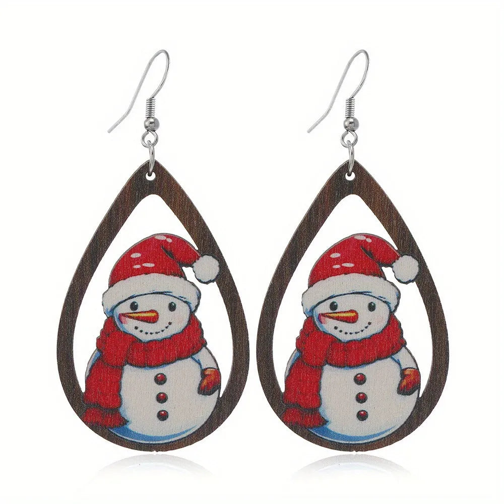 Wooden geometric earrings with printed Christmas tree and snowman designs