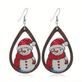 Wooden geometric earrings with printed Christmas tree and snowman designs