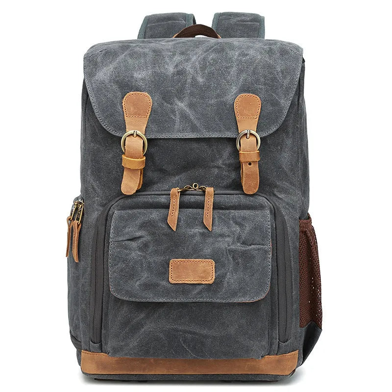 Canvas DSLR camera backpack in khaki colour showing organised storage compartments