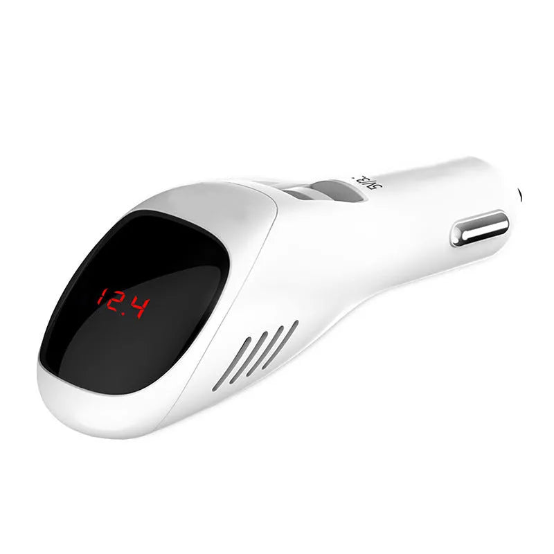 White car USB charger with integrated negative ion air purifier showing dual USB ports
