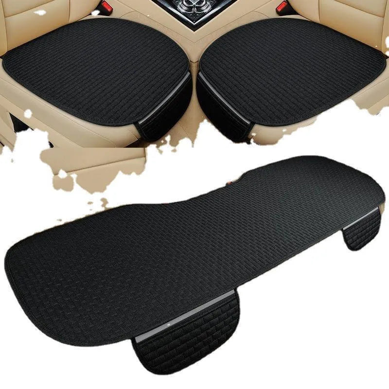 Linen plaid car seat cushion in choice of colours, shown as a single piece and a three-piece set.