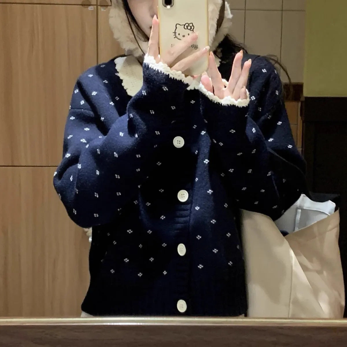 Retro Peter Pan collar floral pattern knitted cardigan coat in poly-cashmere fabric
