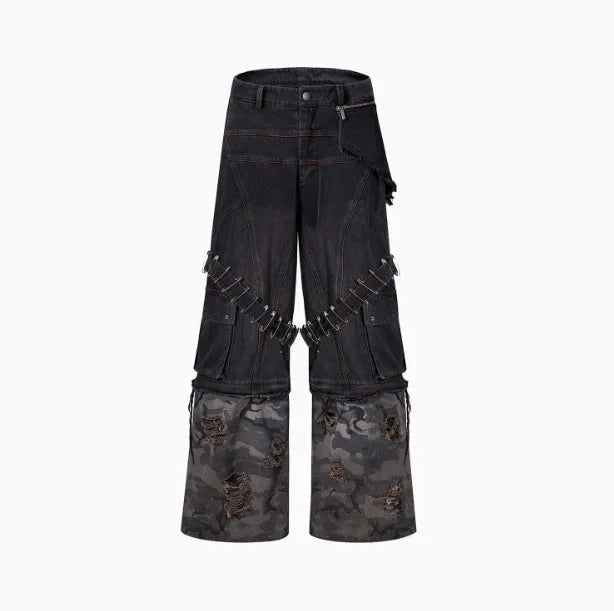 Men's grey camouflage jeans with splicing panels and ribbon detail on cotton denim.