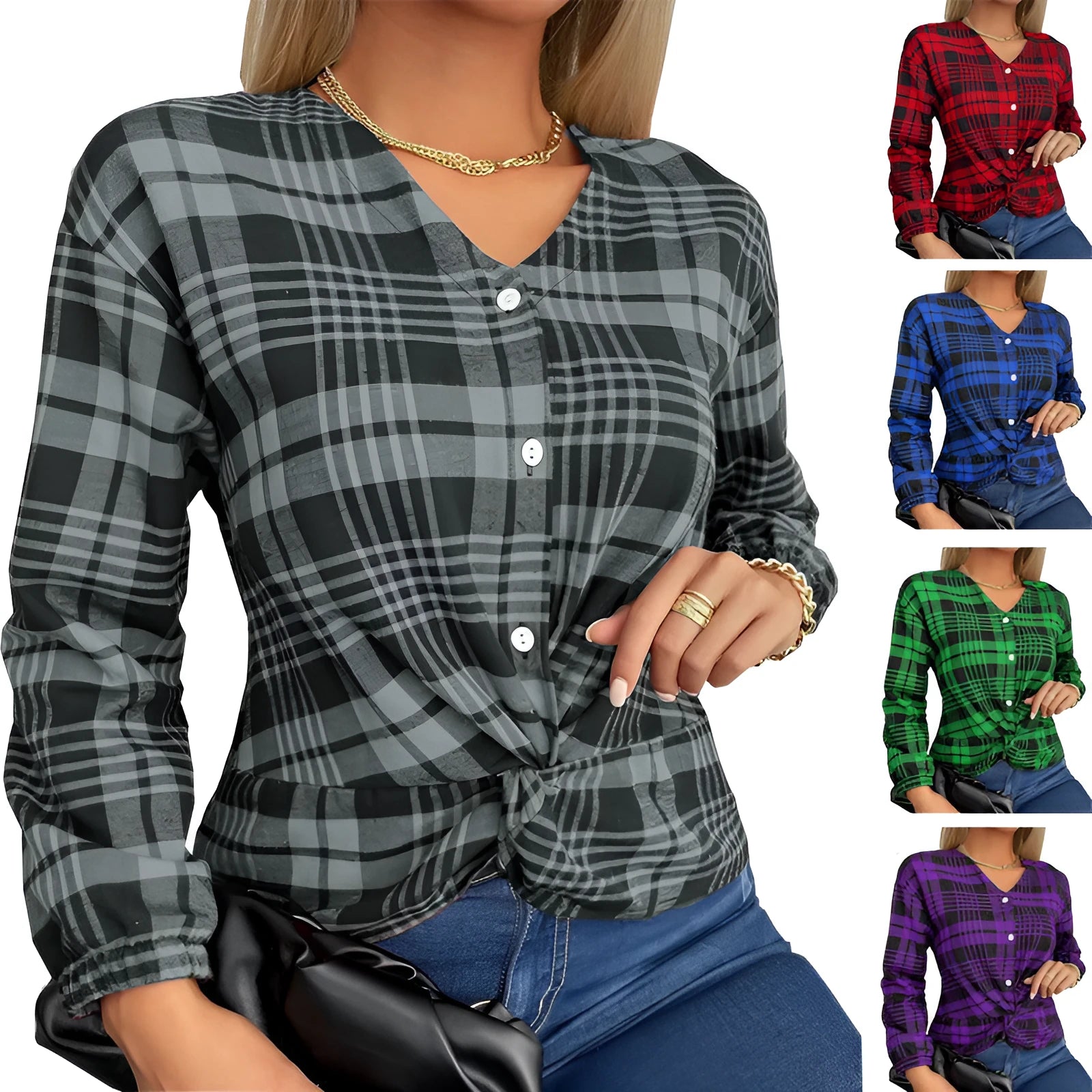 Women's loose purple, grey, and red plaid casual shirt with regular sleeves
