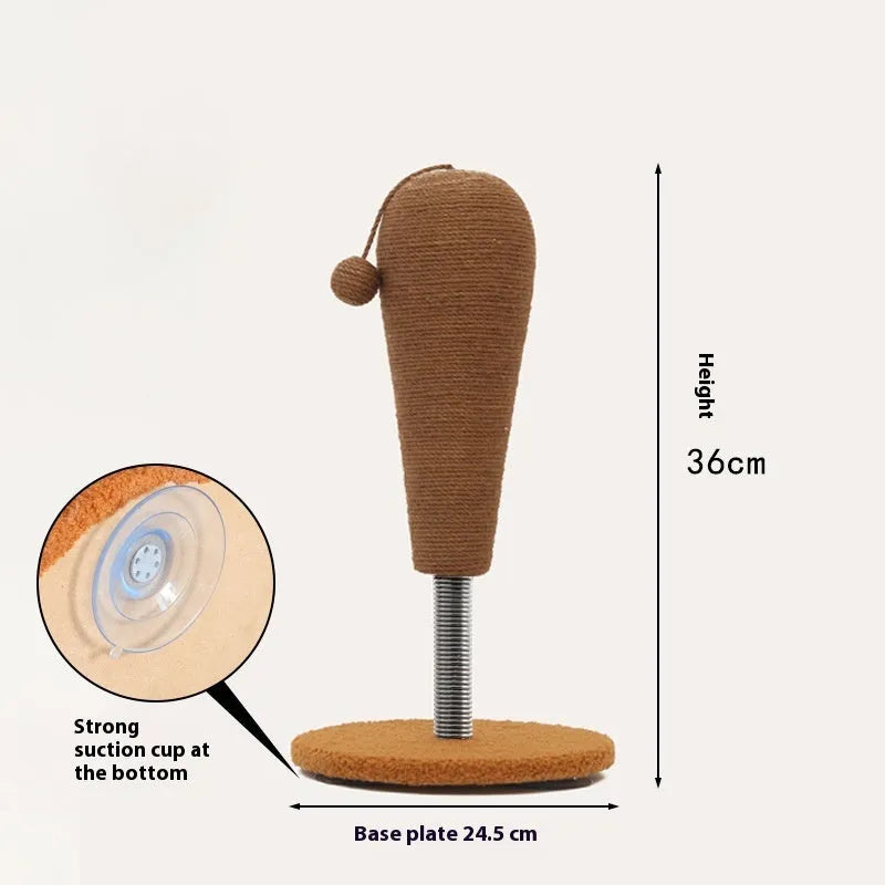 A hemp rope cat scratching board, shown with a choice of cat grasping ball or tumbler accessory.