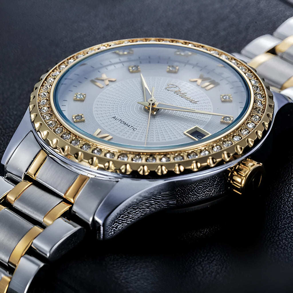 Automatic mechanical watch with luminous markers on black dial in gold case, side view showing 13mm thickness