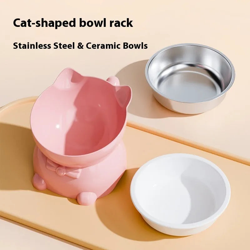Stainless steel oblique angle cat bowl with non-slip base in four colour options