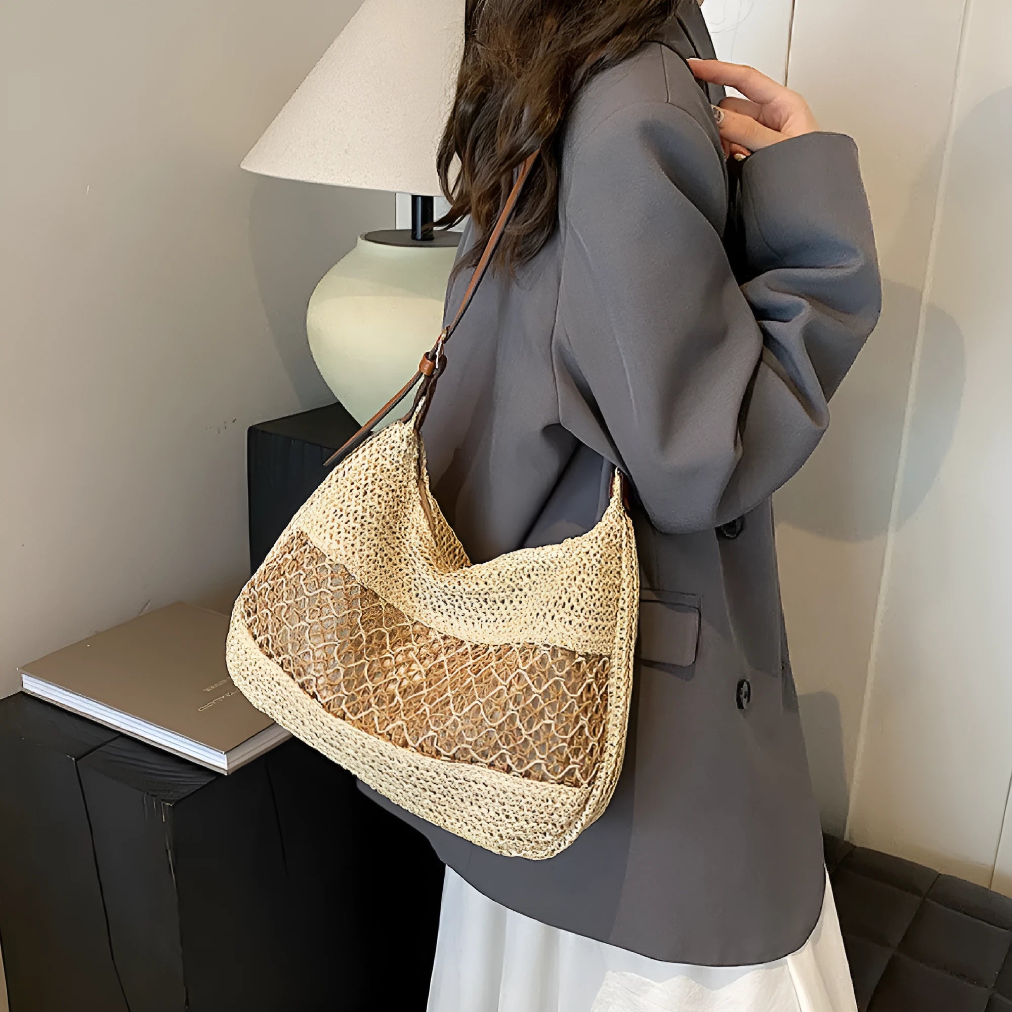 Women's straw crossbody bag in horizontal square shape with sandwich pocket, khaki colour option