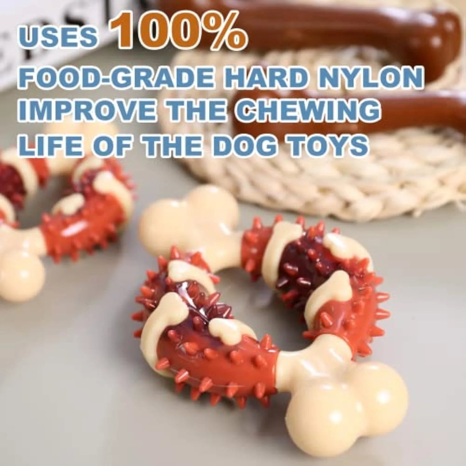 Natural rubber bone-shaped dog teeth grinding chew toy shown in large and small sizes.