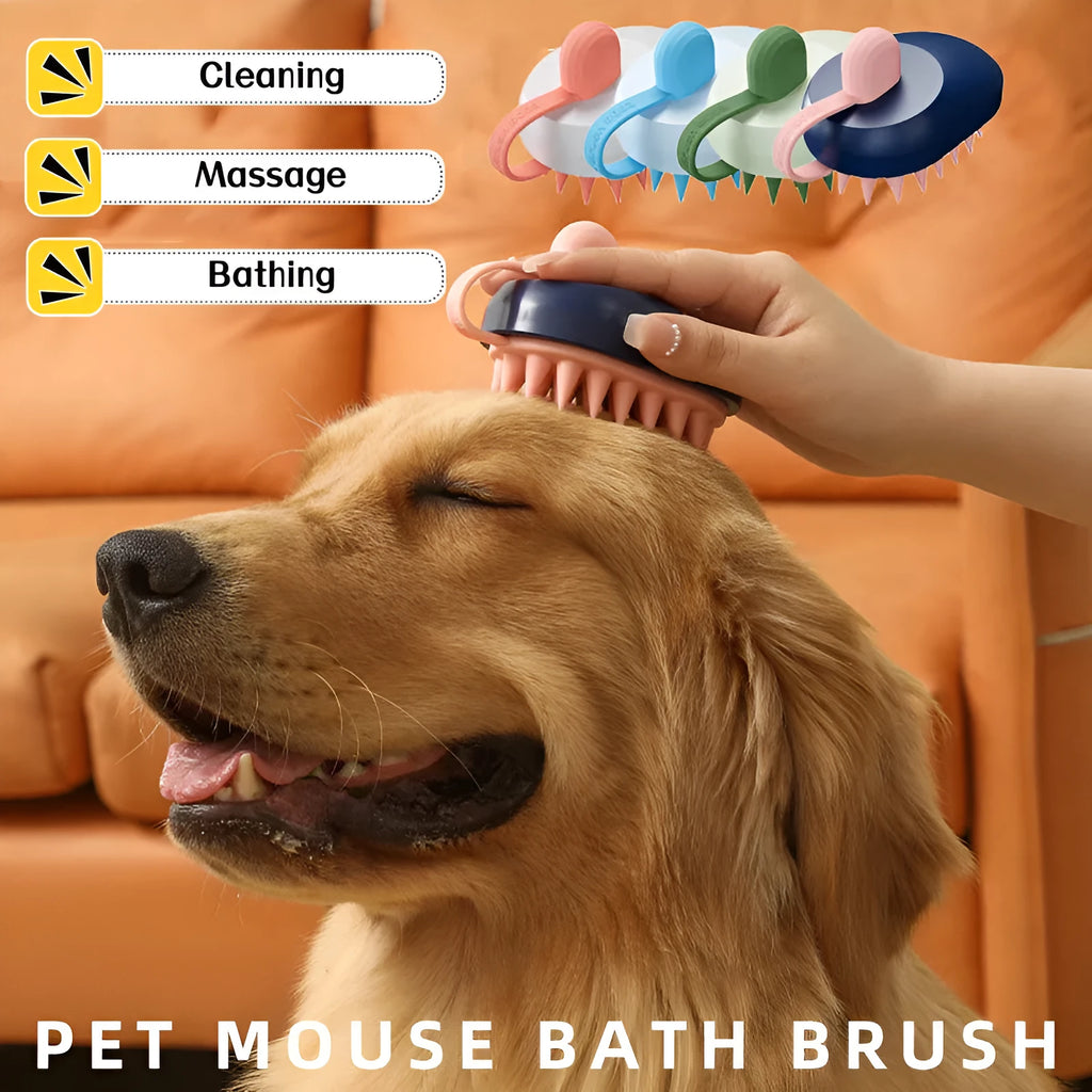 Handheld silicone pet grooming brush for dogs in dark blue, green, light blue, or white colour options