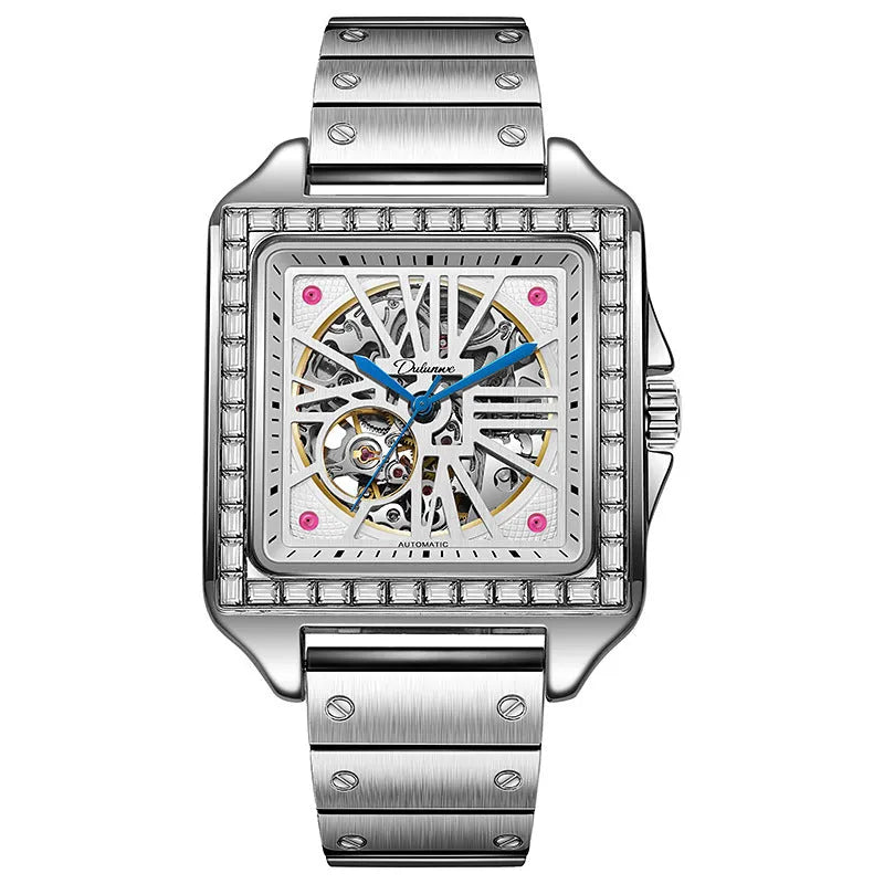 Men's square automatic watch with diamond-studded bezel on a steel bracelet