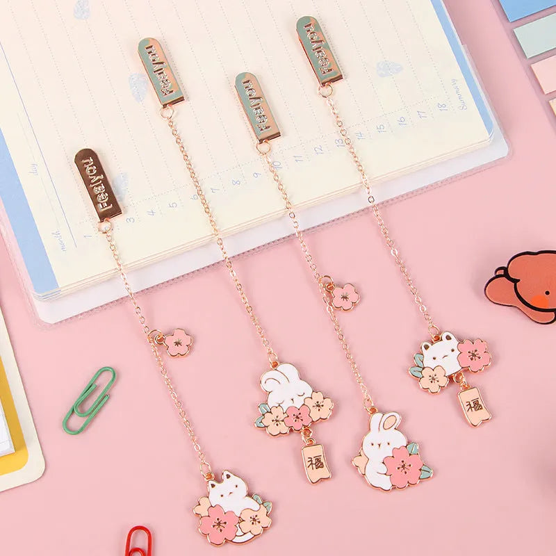 Metal pendant bookmark with cherry blossom cat design for journal decoration