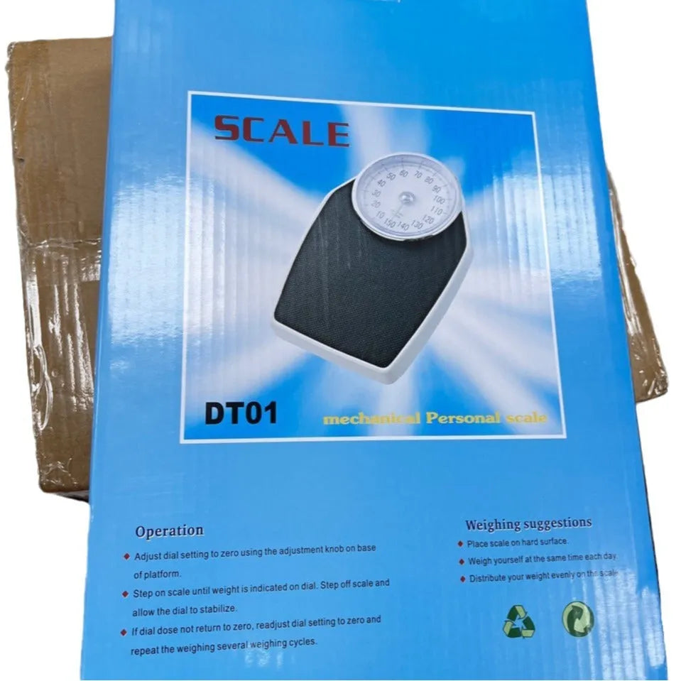 Black mechanical pointer body weight scale showing large dial on 47cm platform