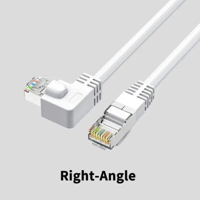 Cat6 Ethernet cable with right-angle metal RJ45 connector in black, shown alongside length and colour options.