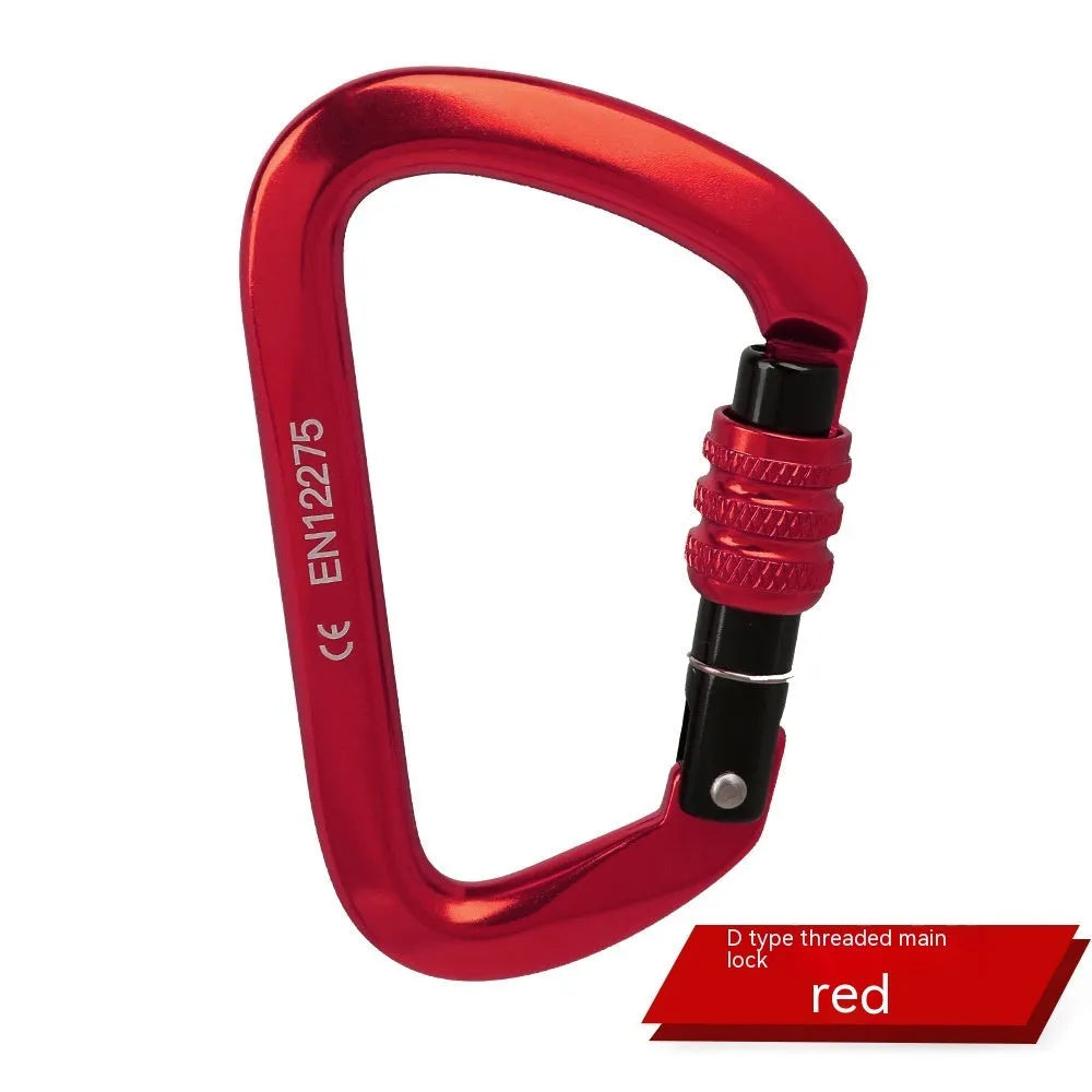 D-type metal climbing safety lock with a choice of automatic or threaded gate, shown in multiple colours.