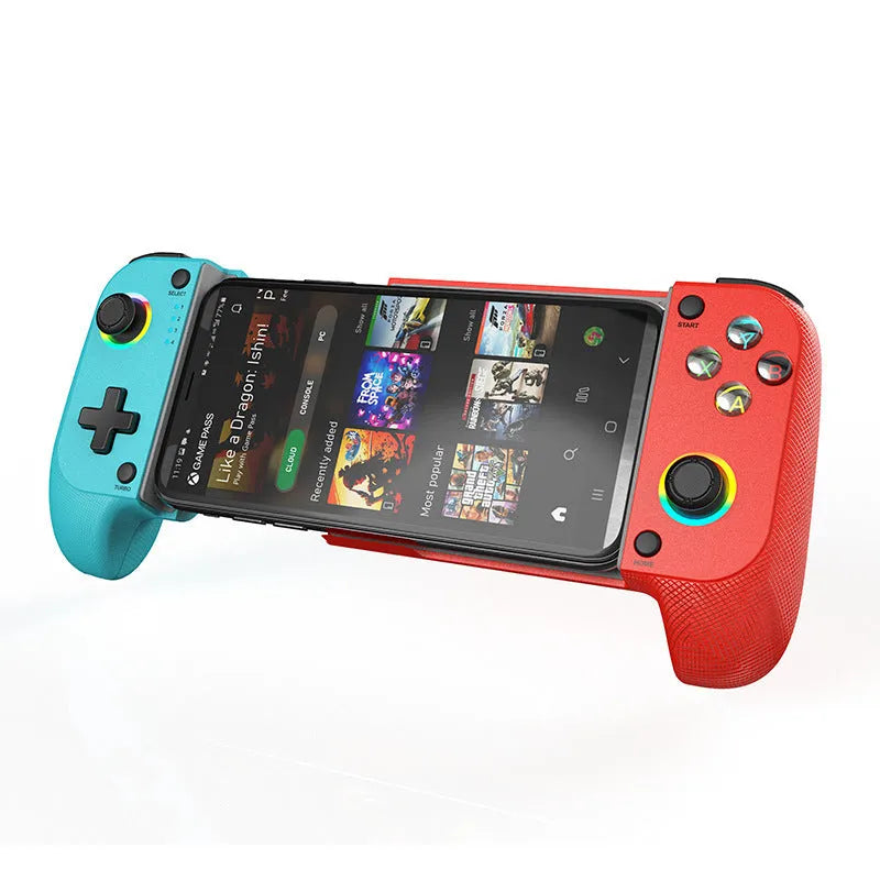 Bluetooth mobile game controller stretching handle accessory with smartphone in black red and blue colour