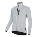 Silver waterproof polyester long sleeve coat showing windproof features and European sizing options
