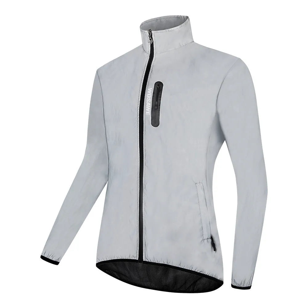 Silver waterproof polyester long sleeve coat showing windproof features and European sizing options