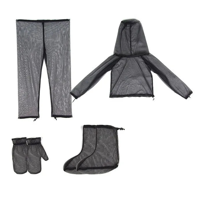 Lightweight mesh anti-mosquito suit set with hood, trousers, and booties for outdoor summer protection.