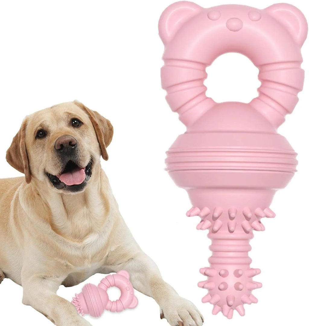 Blue rubber dog chew toy with textured surface for teeth cleaning, shown next to a tape measure.