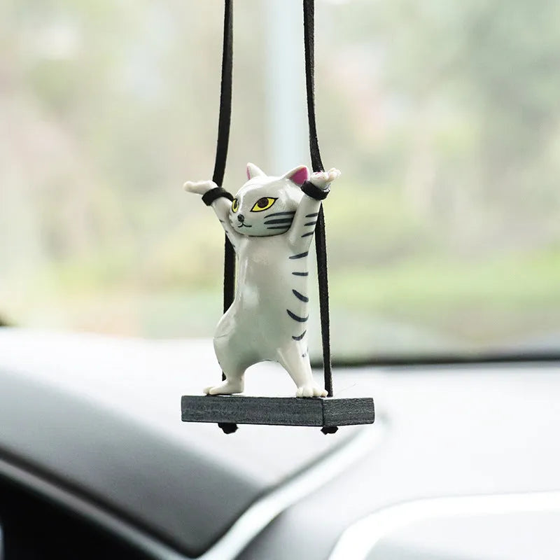 Cartoon-style resin cat pendant for car interior with adjustable rope in multiple colour options
