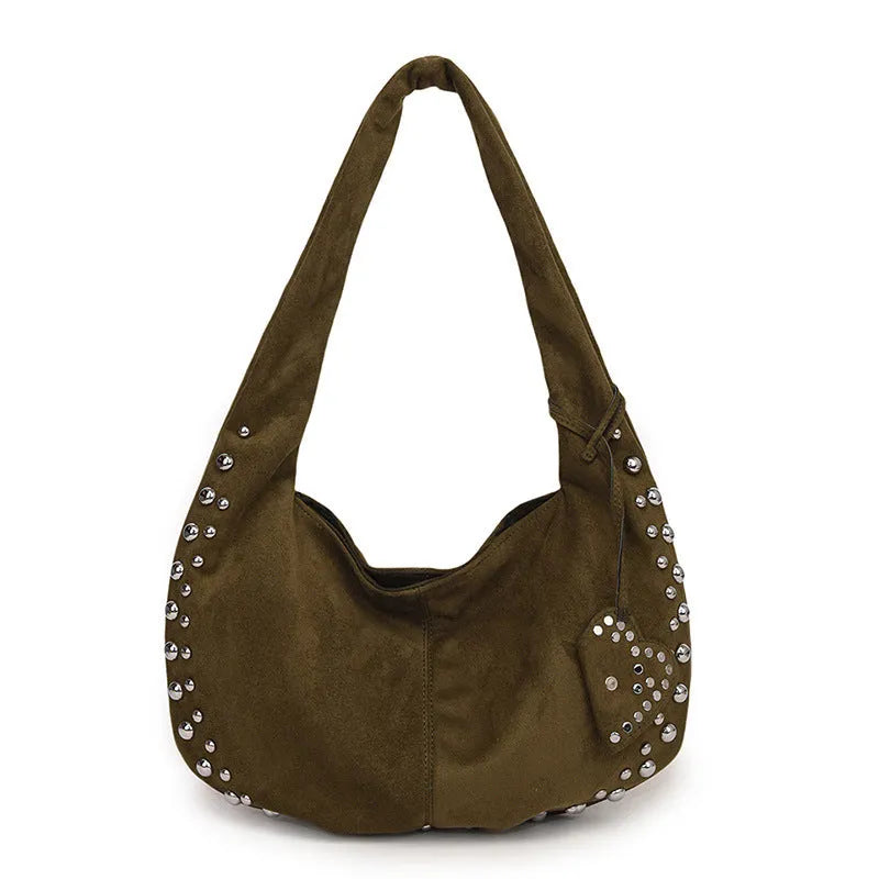 Soft plush casual tote handbag in retro style showing colour options including black, brown, green, red and coffee