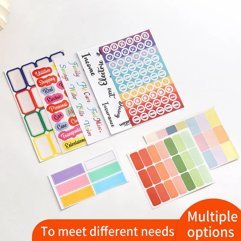 Handwritten German adhesive stickers in white colour showing grid configurations and colour sticky note options