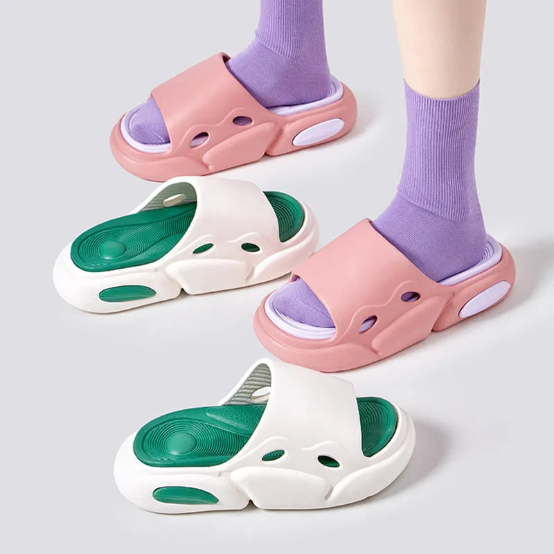 Pair of two-colour EVA slippers with a thick sole and leather lining, shown in available colour options.