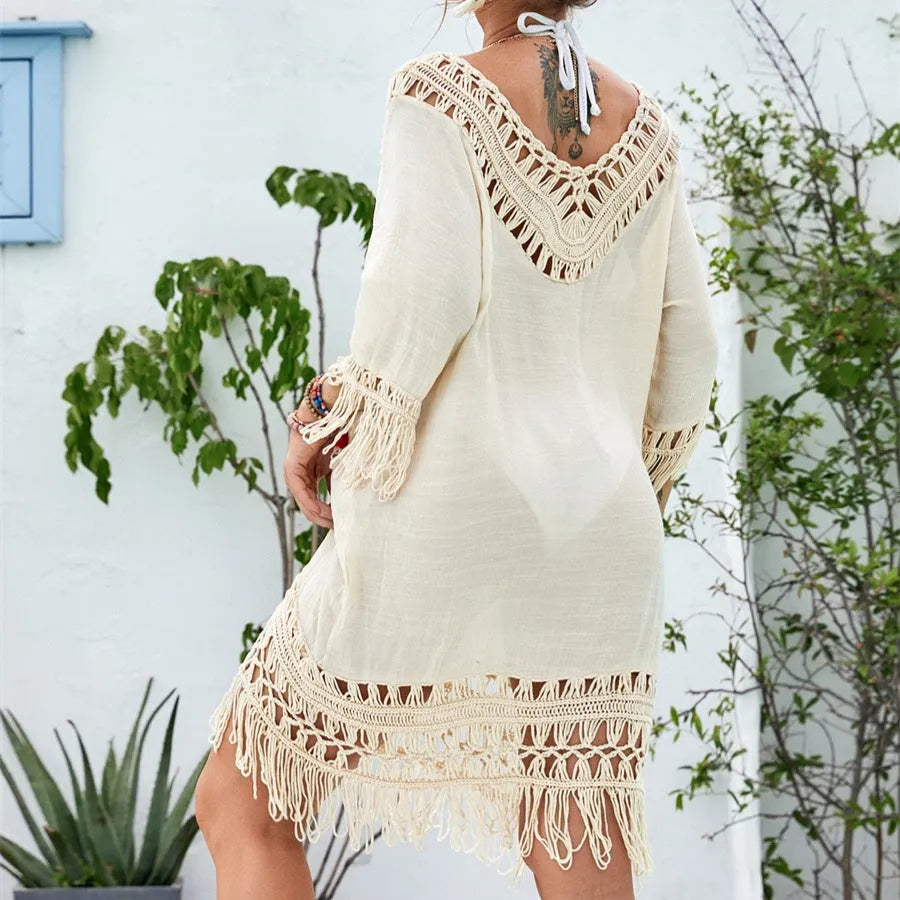 Women's apricot crocheted knitted patchwork beach dress with half sleeves and mid-length skirt