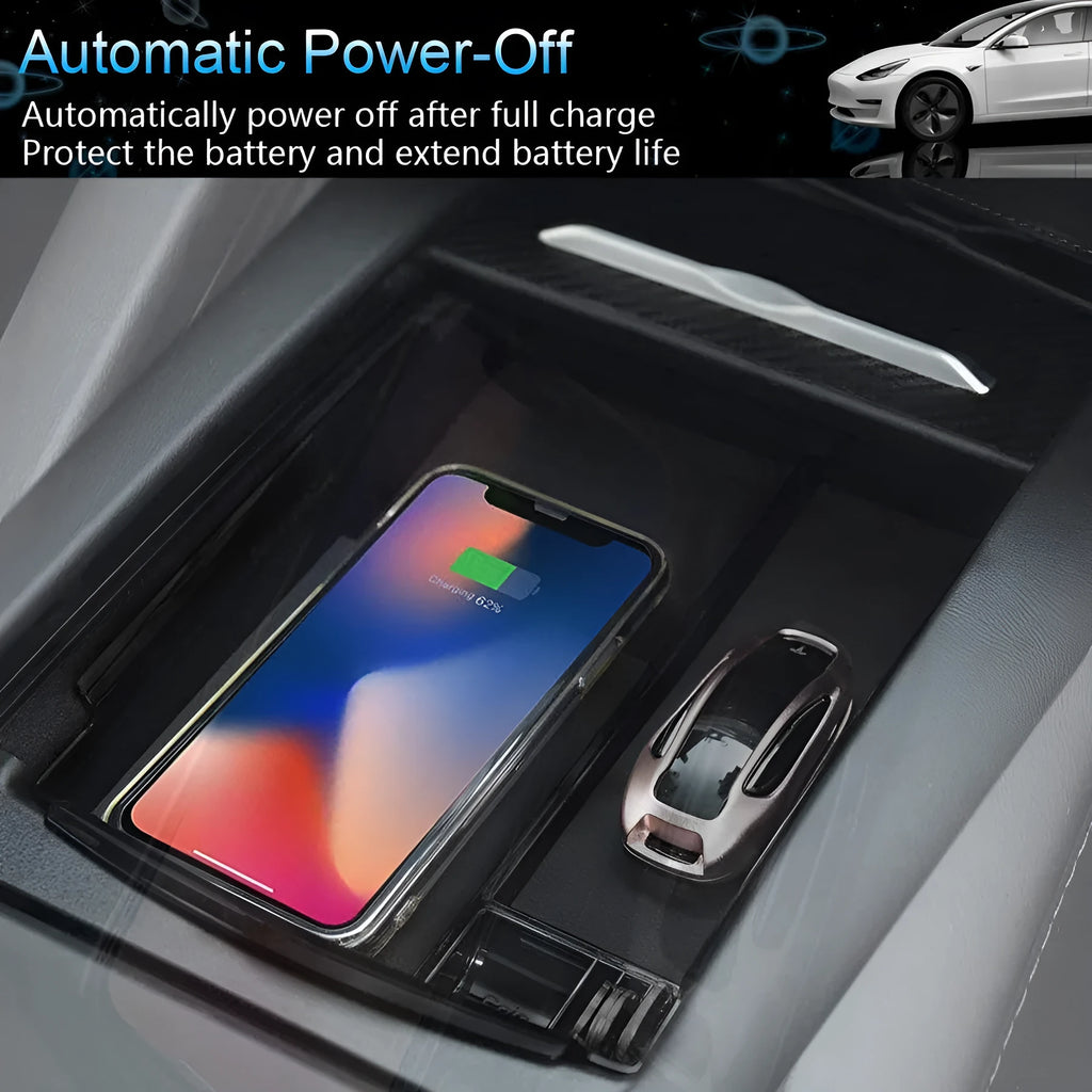 Black ABS plastic wireless charging storage box and organiser with Qi fast charging surface