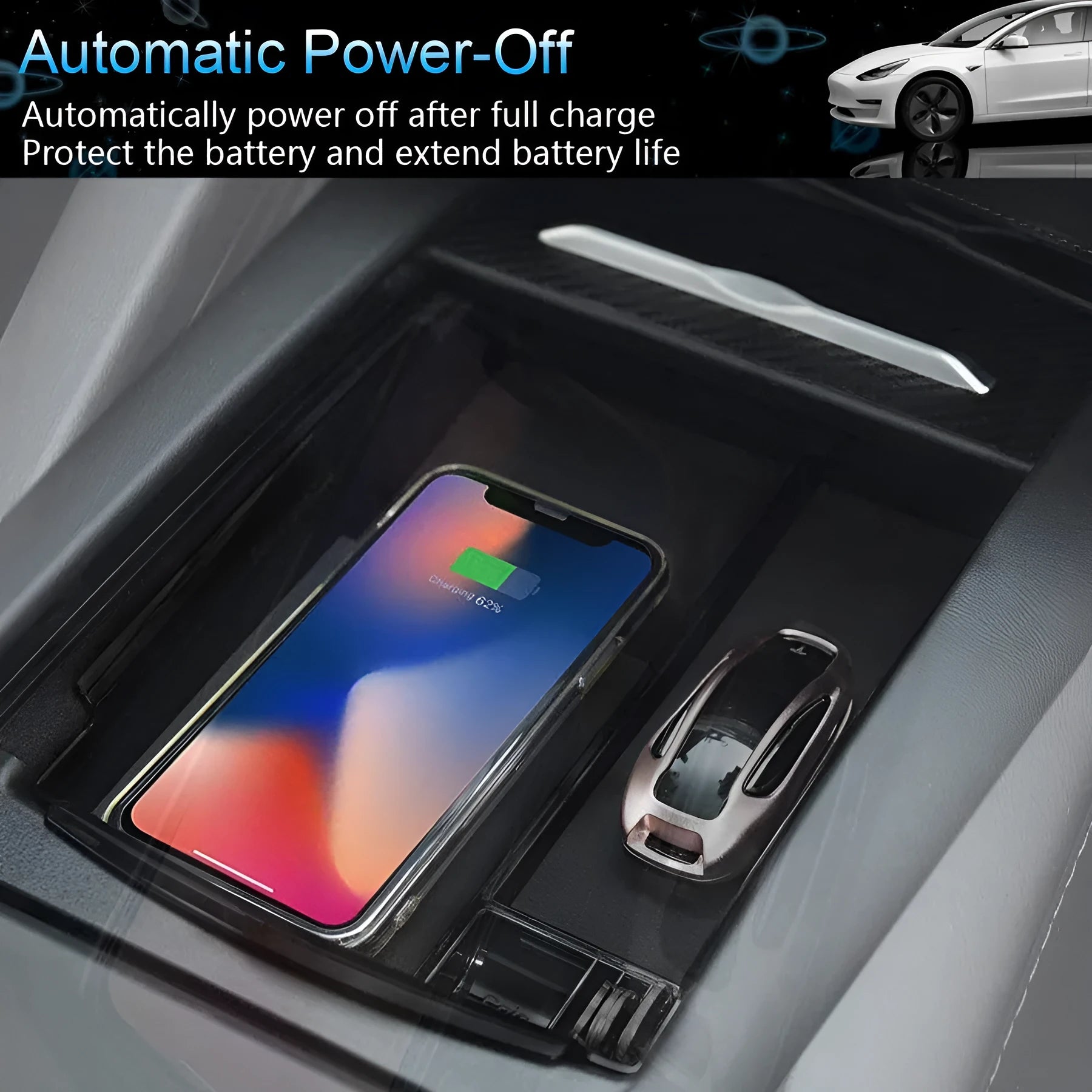 Black ABS plastic wireless charging storage box and organiser with Qi fast charging surface