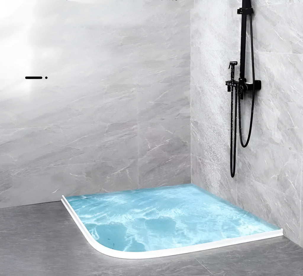 Flexible silicone bathroom water blocking strip in white, black, and grey colours showing 30mm width dimension